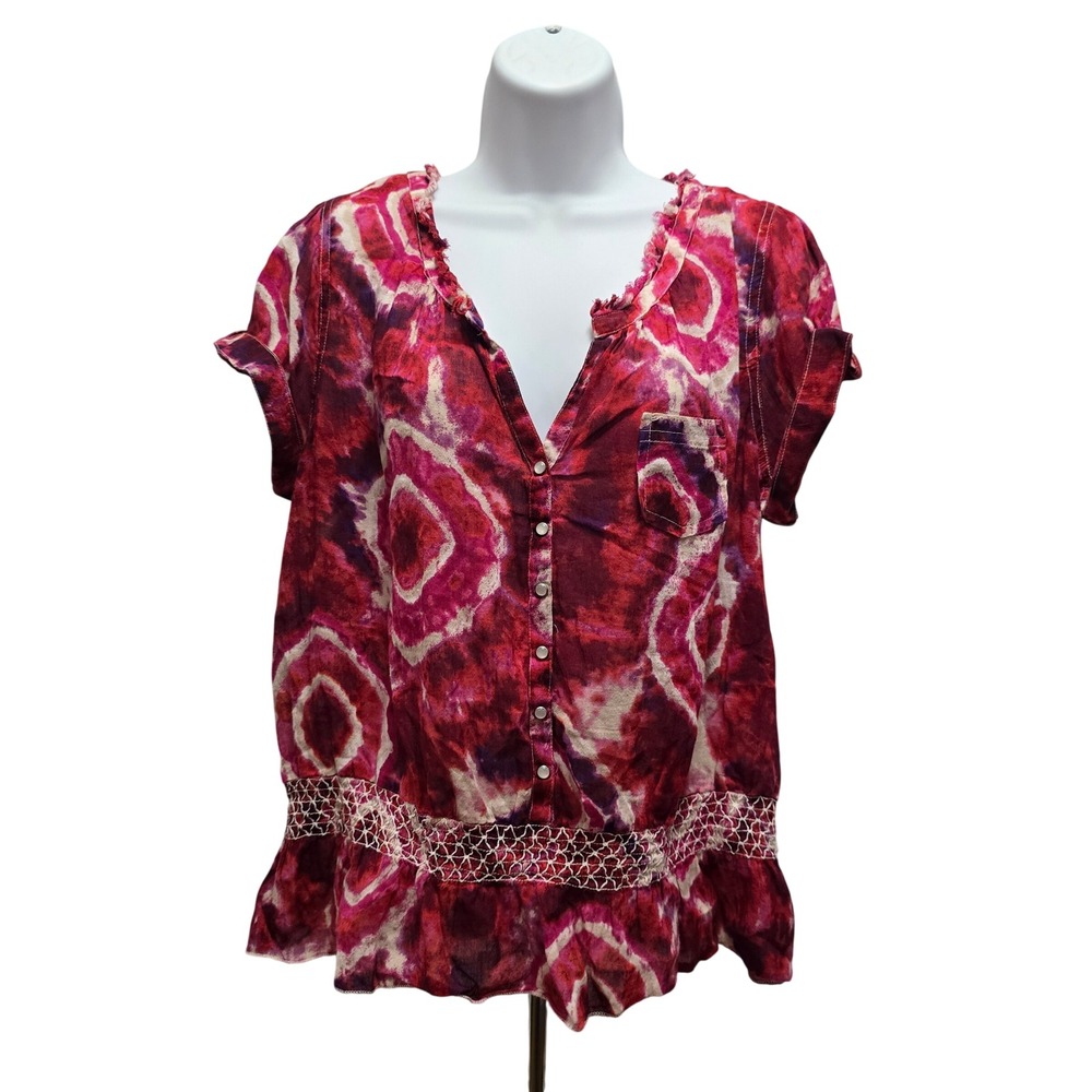 Bohemian Peplum Blouse Shibori Tie Dye Peplum Top Pink Purple Cotton Large